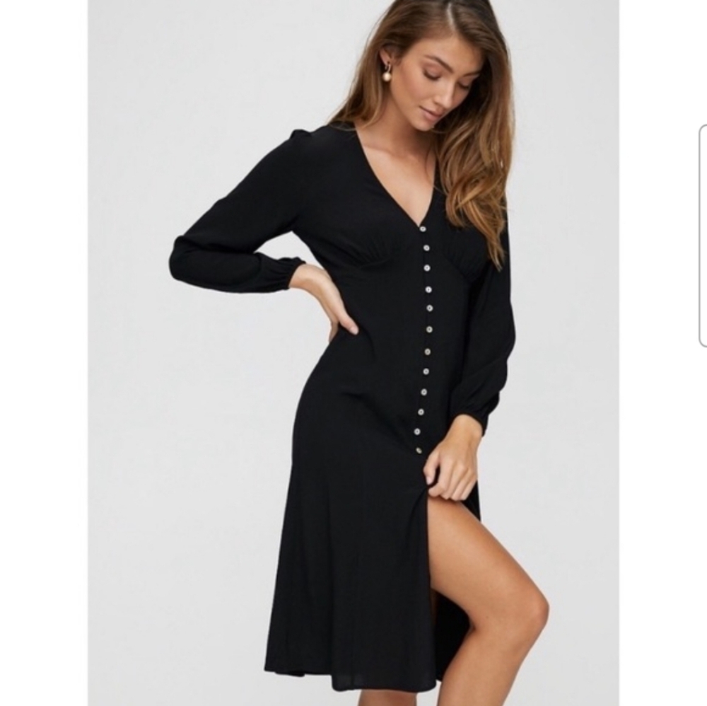 WILFRED Black New Gallery Midi Dress Button Front Peasant XXS Aritzia